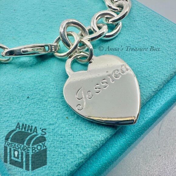 Tiffany & Co. 925 Silver Engraved "Jessica" Heart Tag Charm 7.75" Bracelet (pch) - Picture 3 of 6